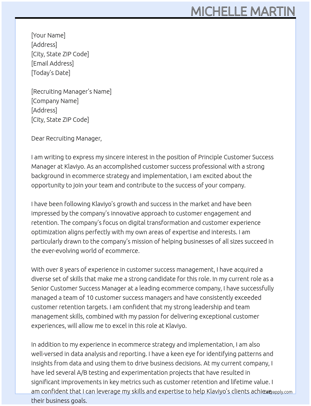 Principle Customer Success Manager At Klaviyo Cover Letter