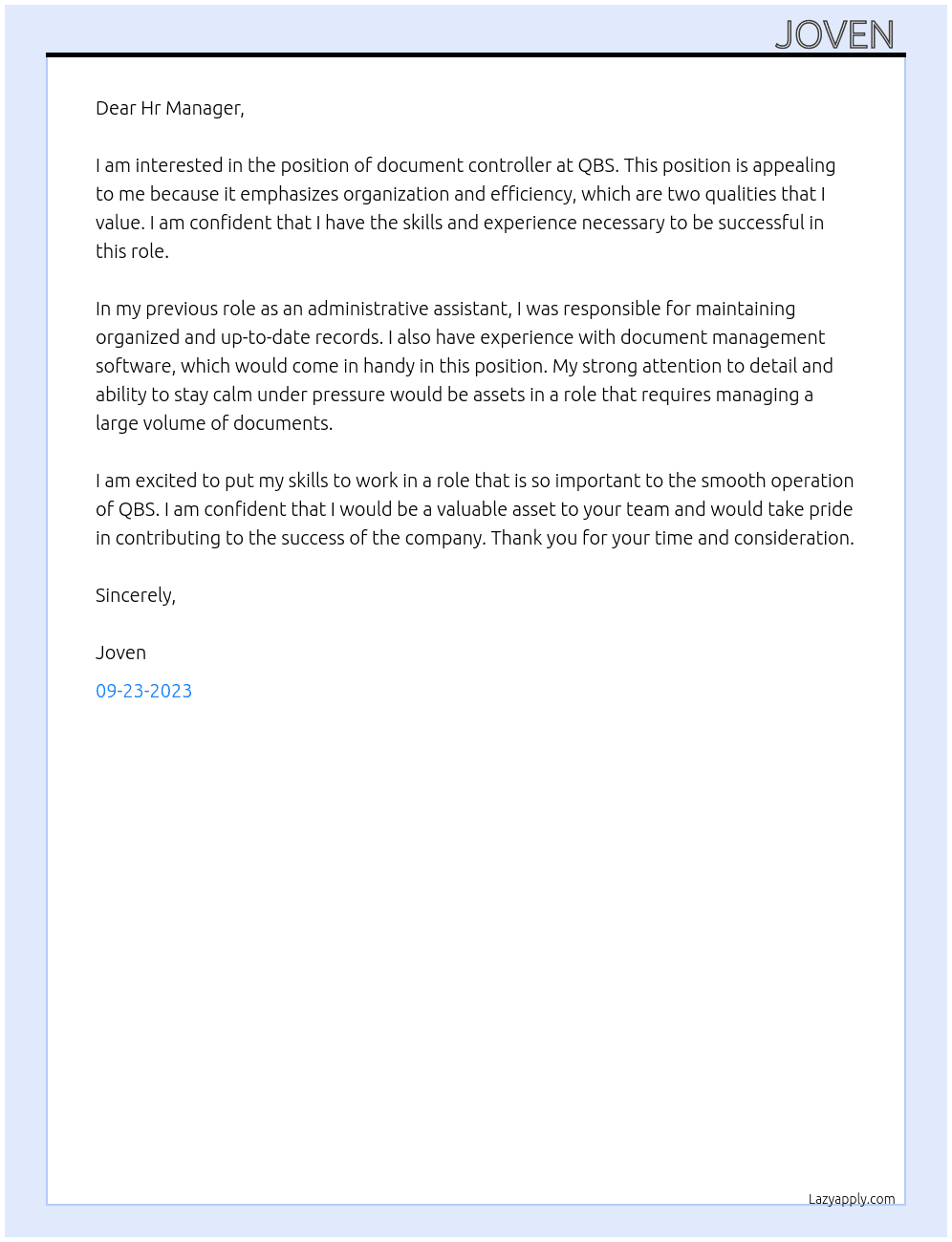 document controller At QBS Cover Letter