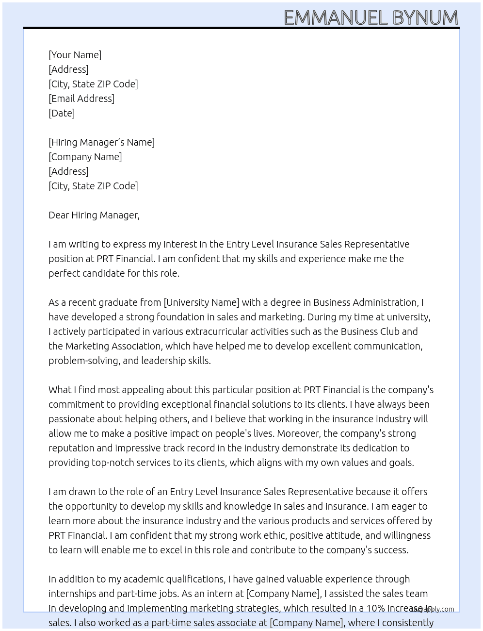Entry Level Insurance Sales Representative At PRT Financial Cover Letter
