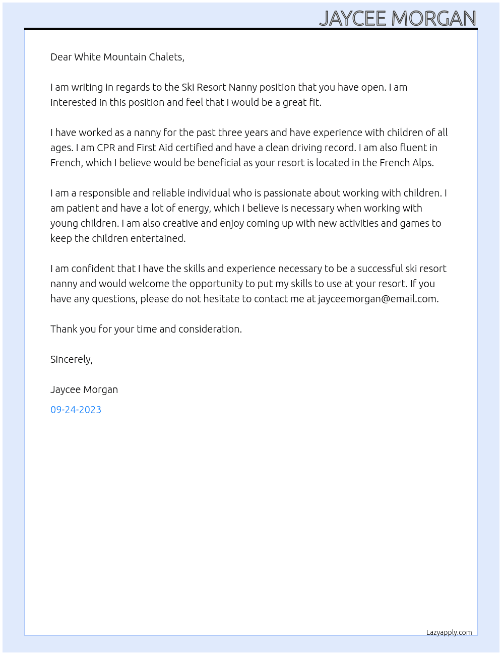 Ski resort nanny  At White mountain chalets  Cover Letter