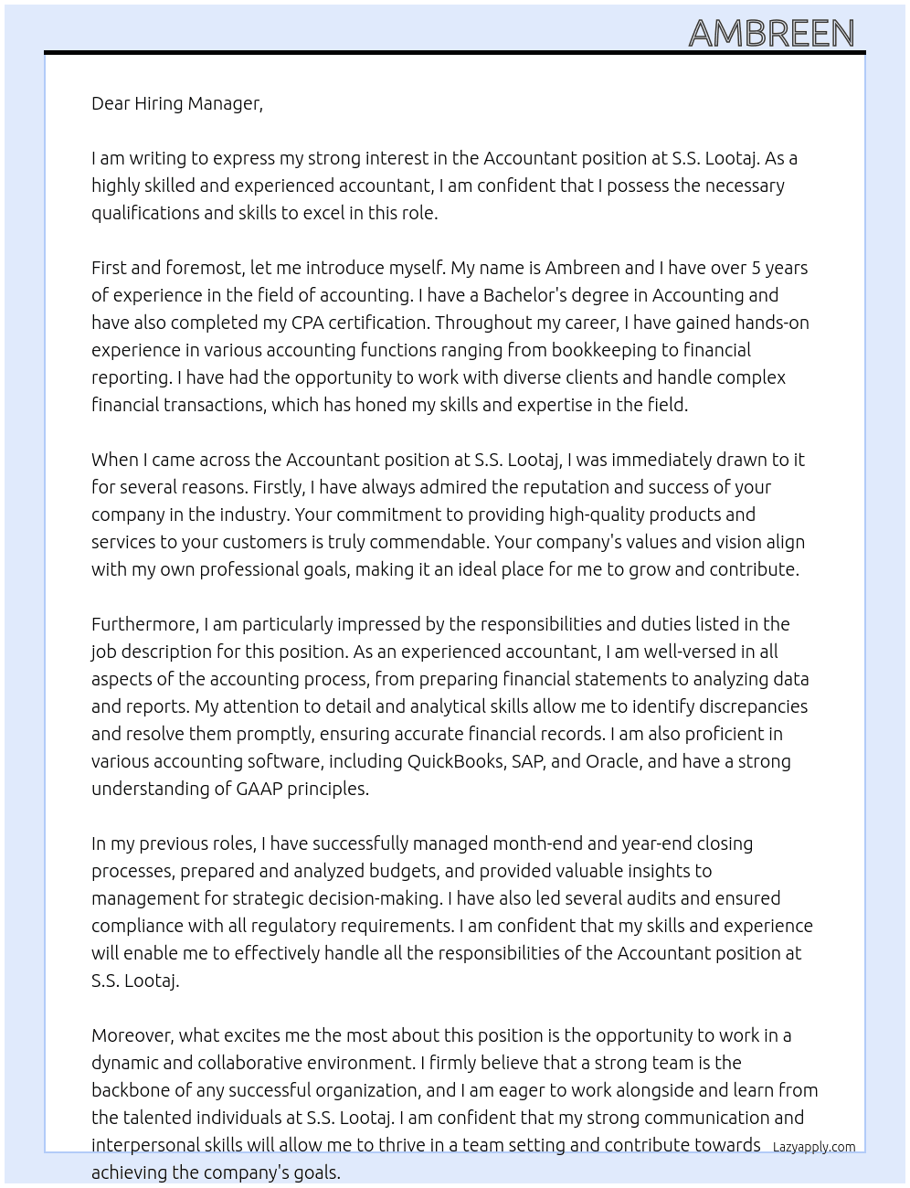 Accountant At S.S. Lootaj Cover Letter
