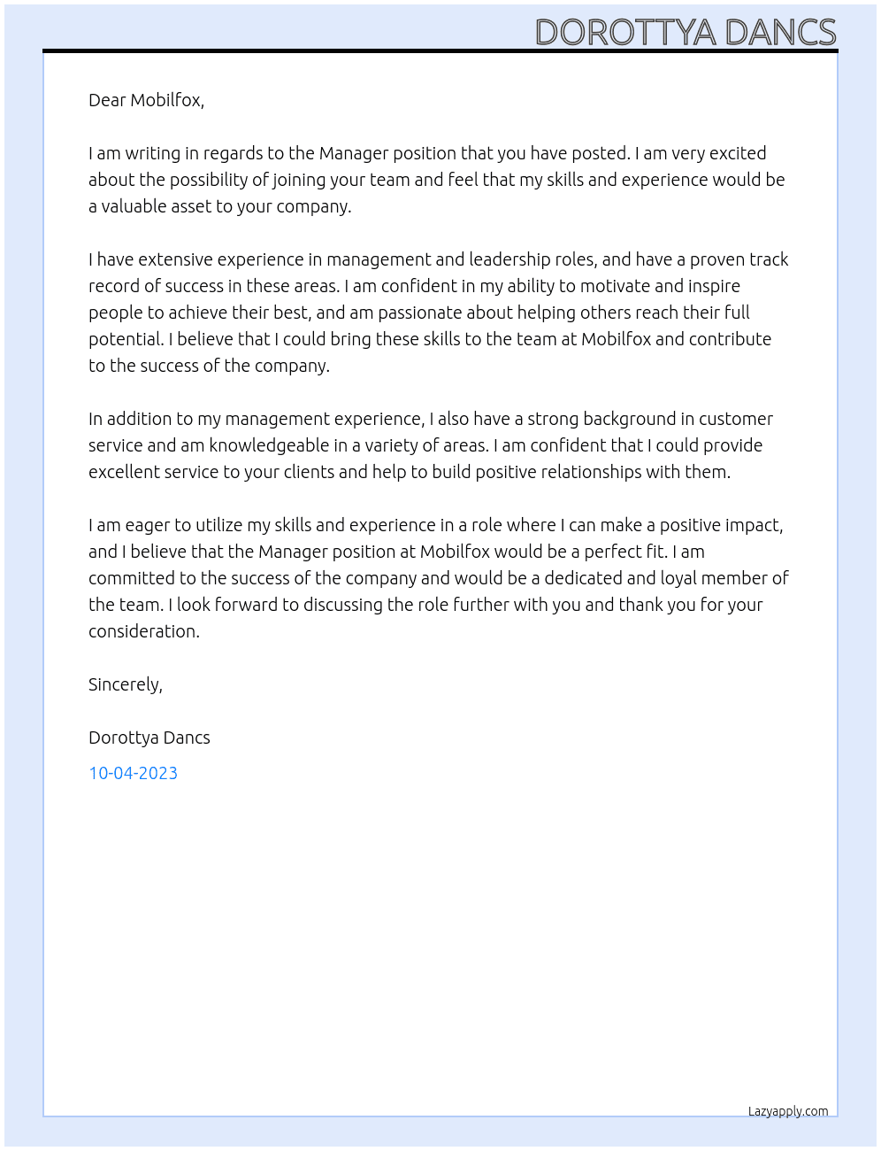 Manager At Mobilfox Cover Letter
