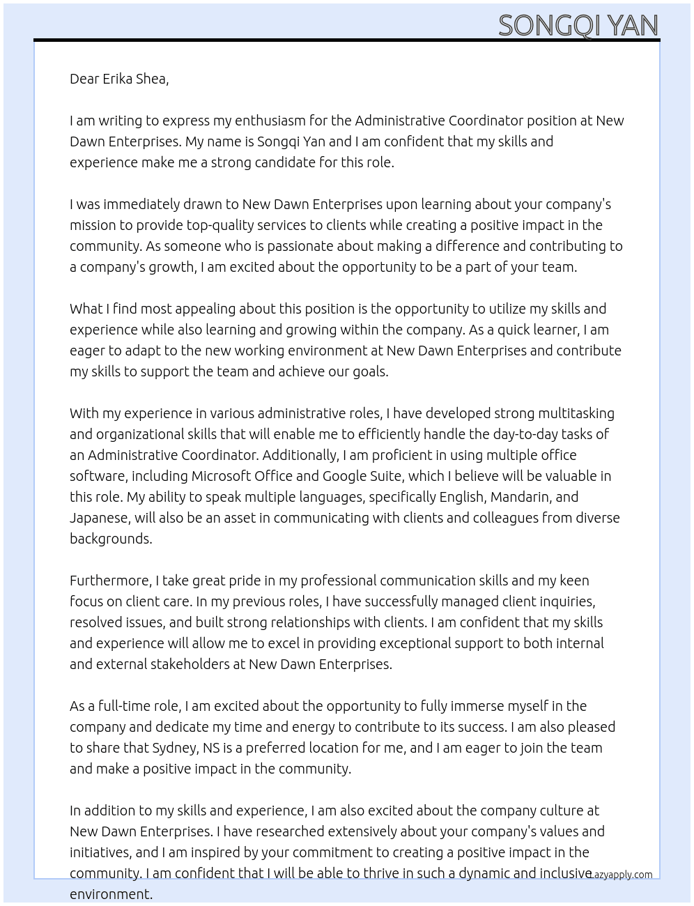 Administrative Coordinator  At New Dawn Enterprises Cover Letter