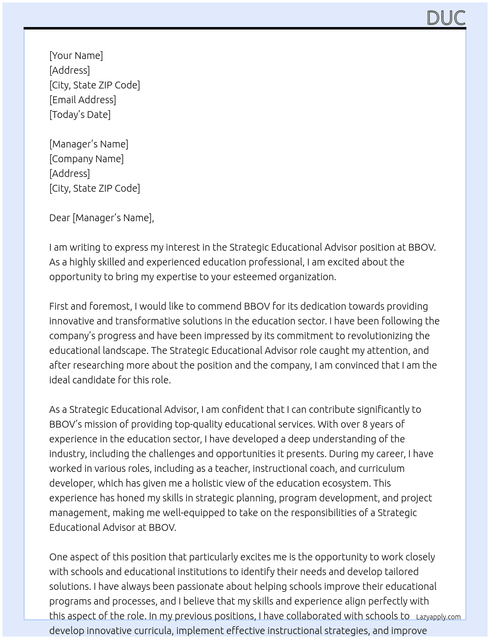 Strategic Educational Advisor At BBOV Cover Letter