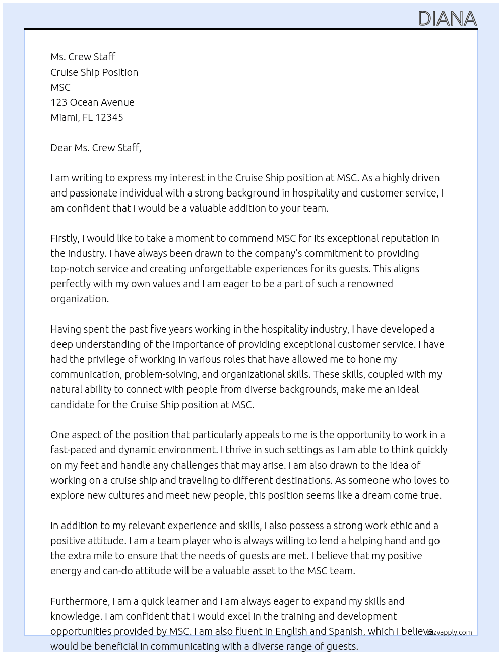 cruise ship At MSC Cover Letter