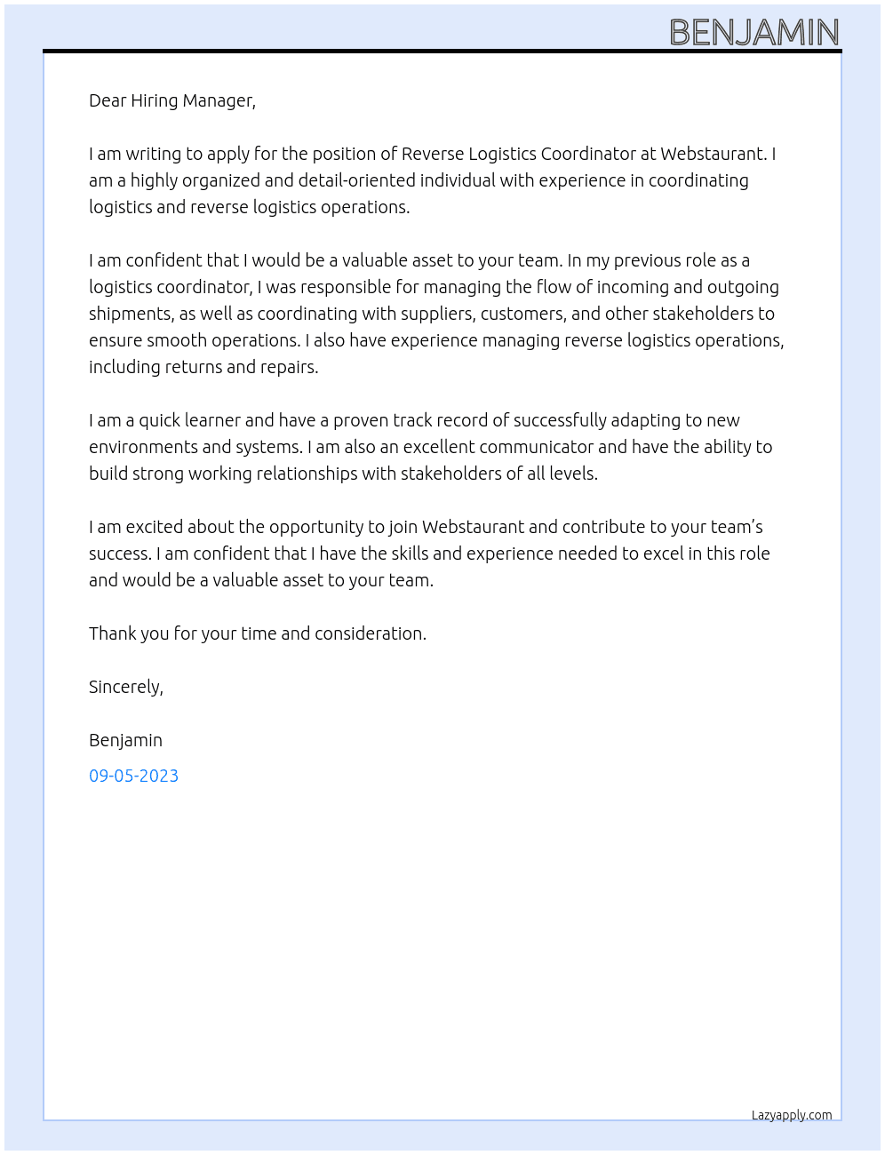 reverse logistics coordinator At Webstaurant  Cover Letter