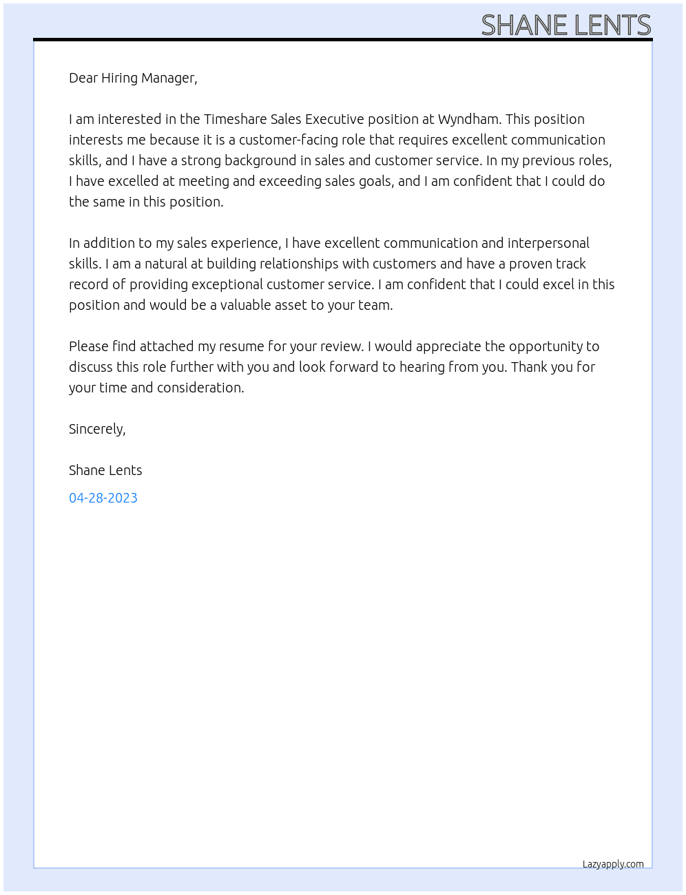 Timeshare Sales Executive At Wyndham Cover Letter