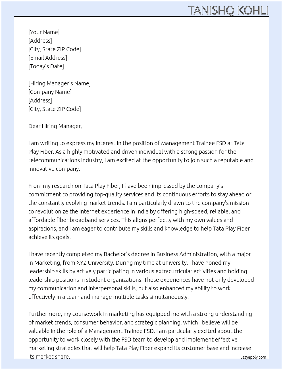 Management Trainee FSD At Tata play fiber Cover Letter