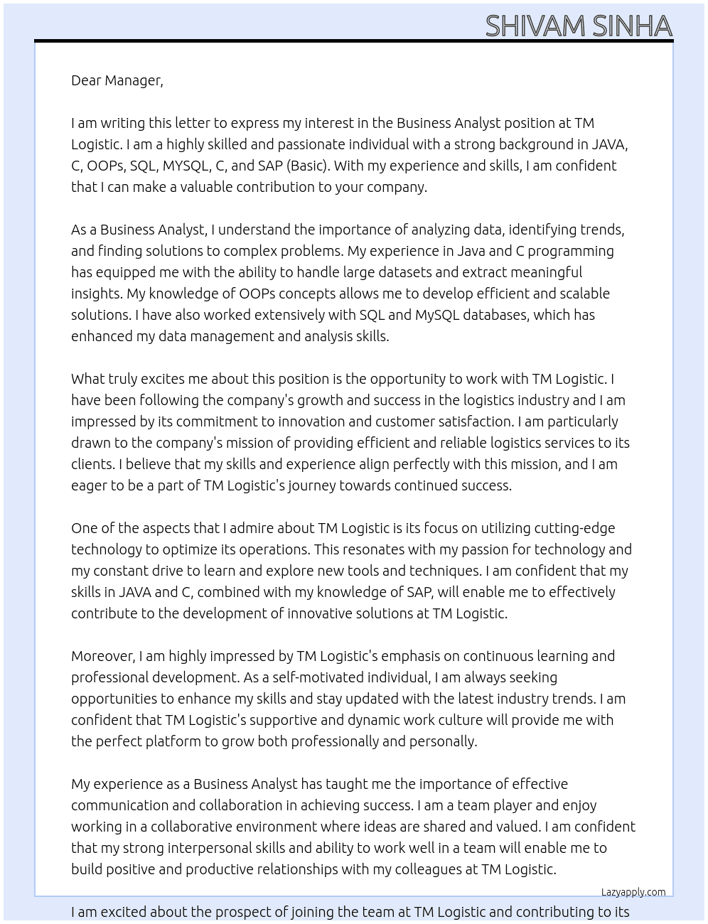 business analyst At TM Logistic Cover Letter