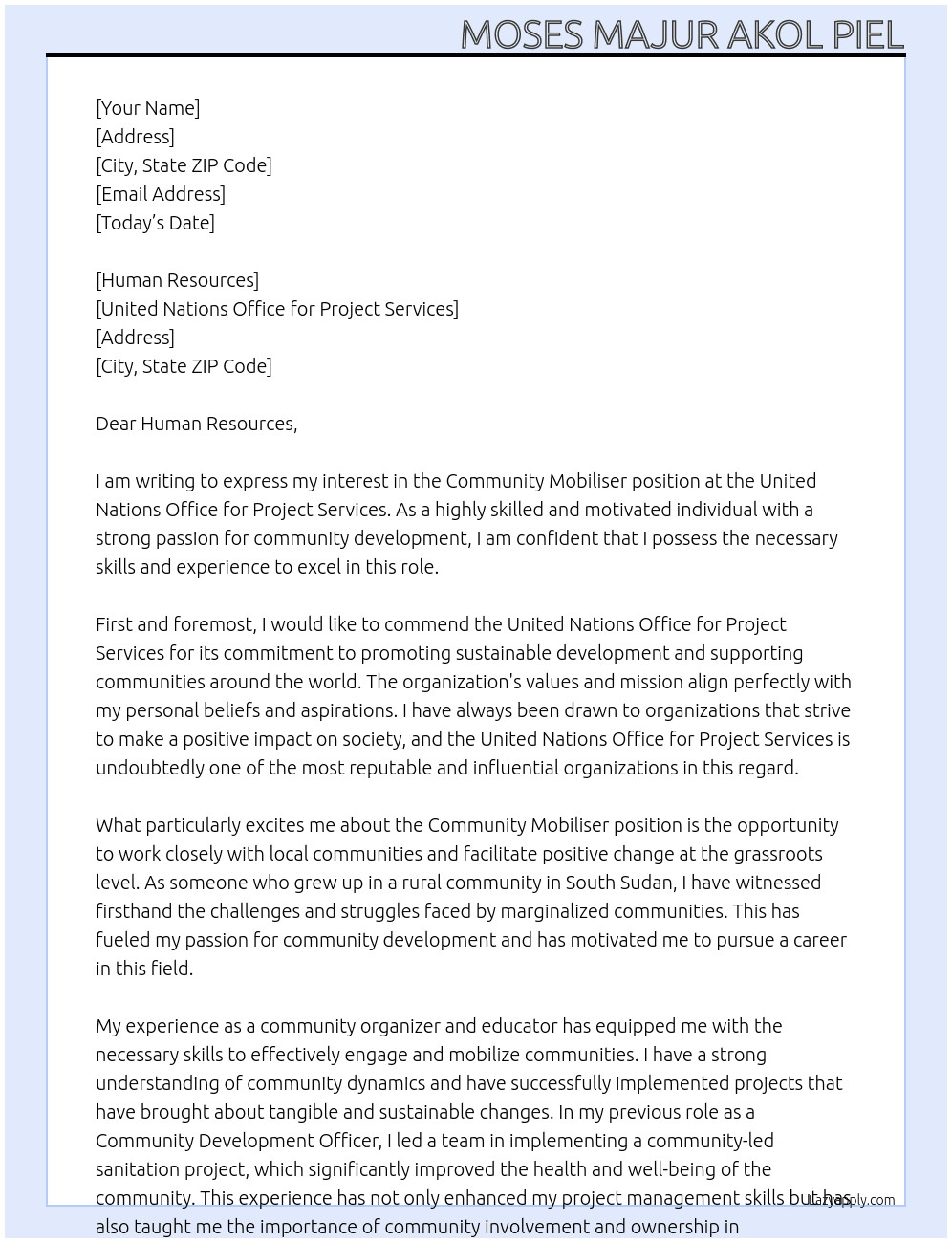 Community Mobiliser  At United Nations Office for project service Cover Letter