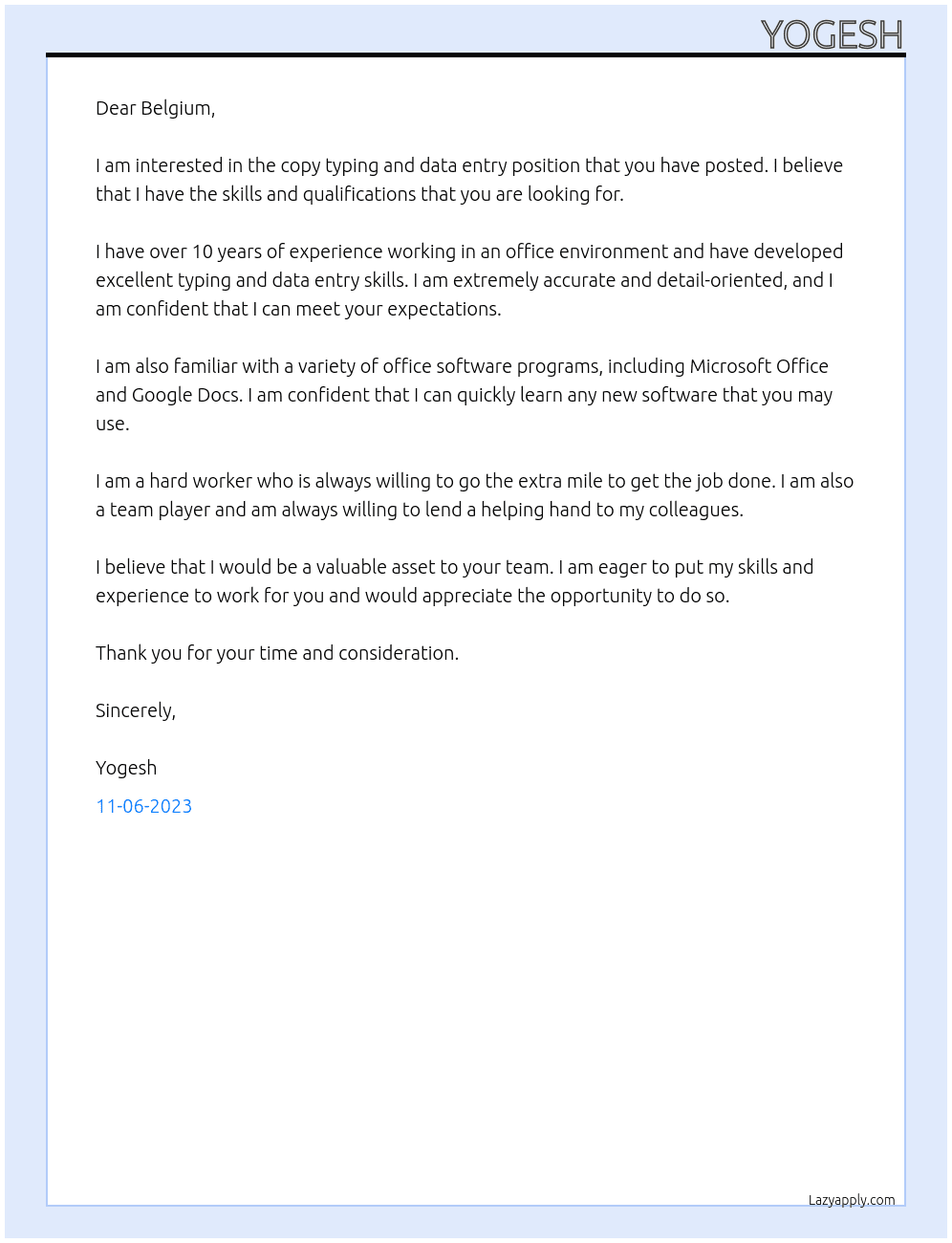 copy typing and data entry At Belgium Cover Letter