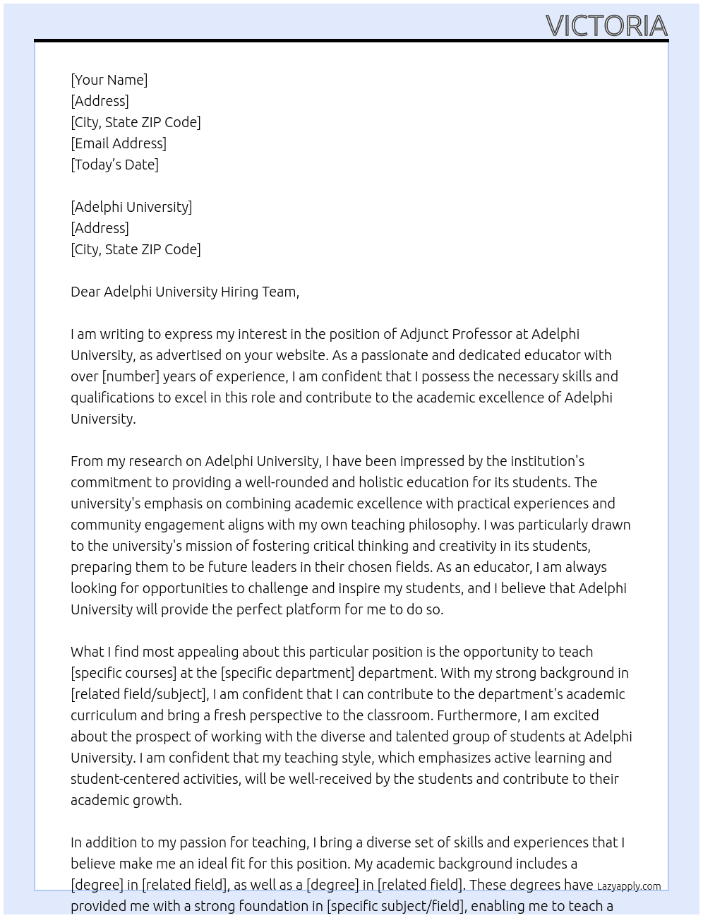 adjunct professior At adelphi university Cover Letter
