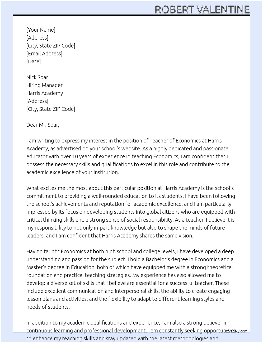 Teacher of Economics At Harris Academy Cover Letter