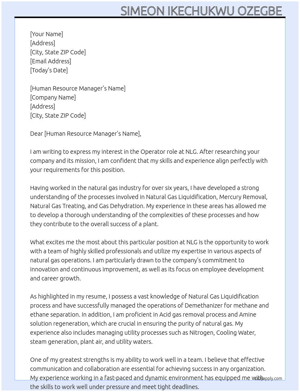 Operator  At NLG Cover Letter