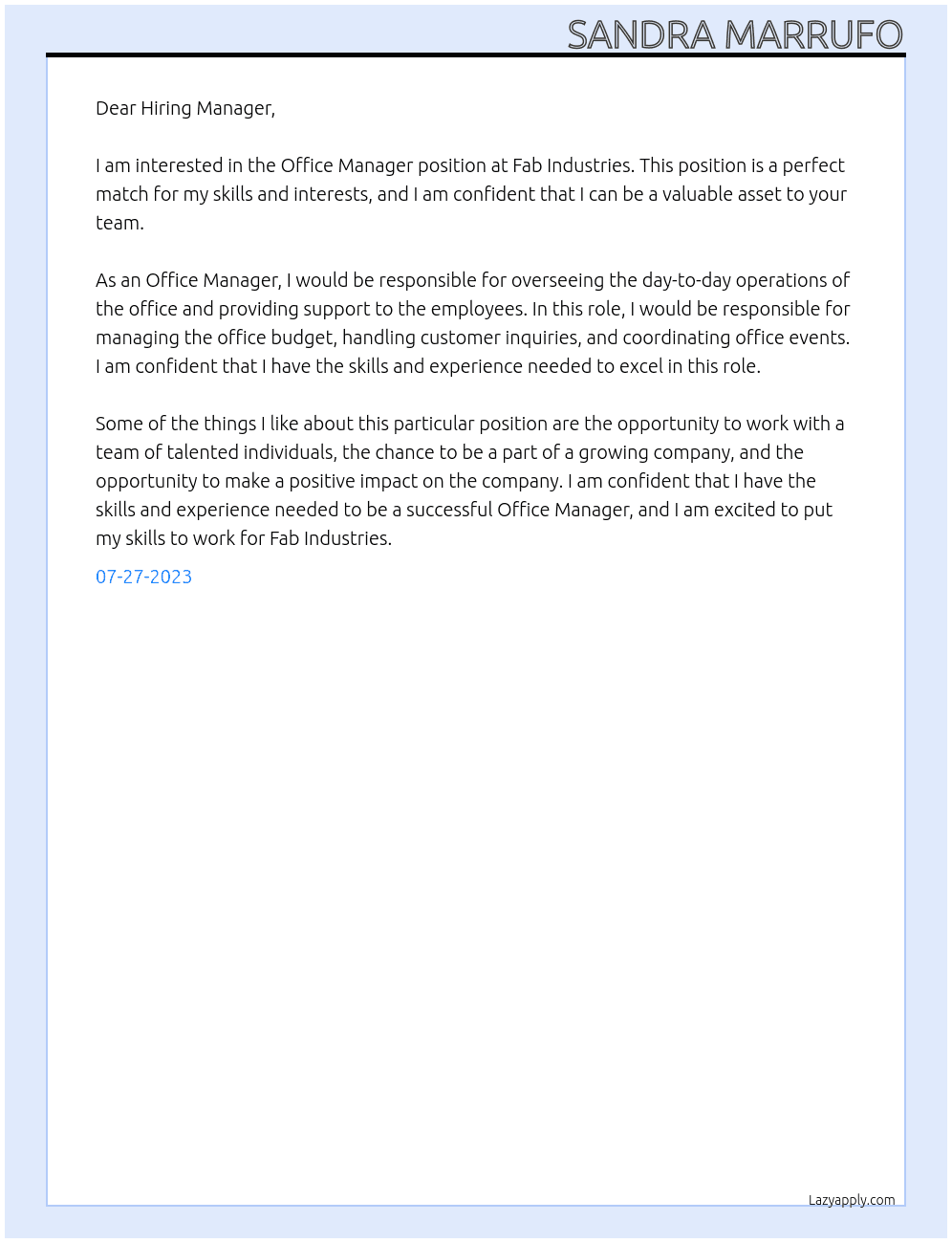 Office Manager  At Fab Industries Cover Letter