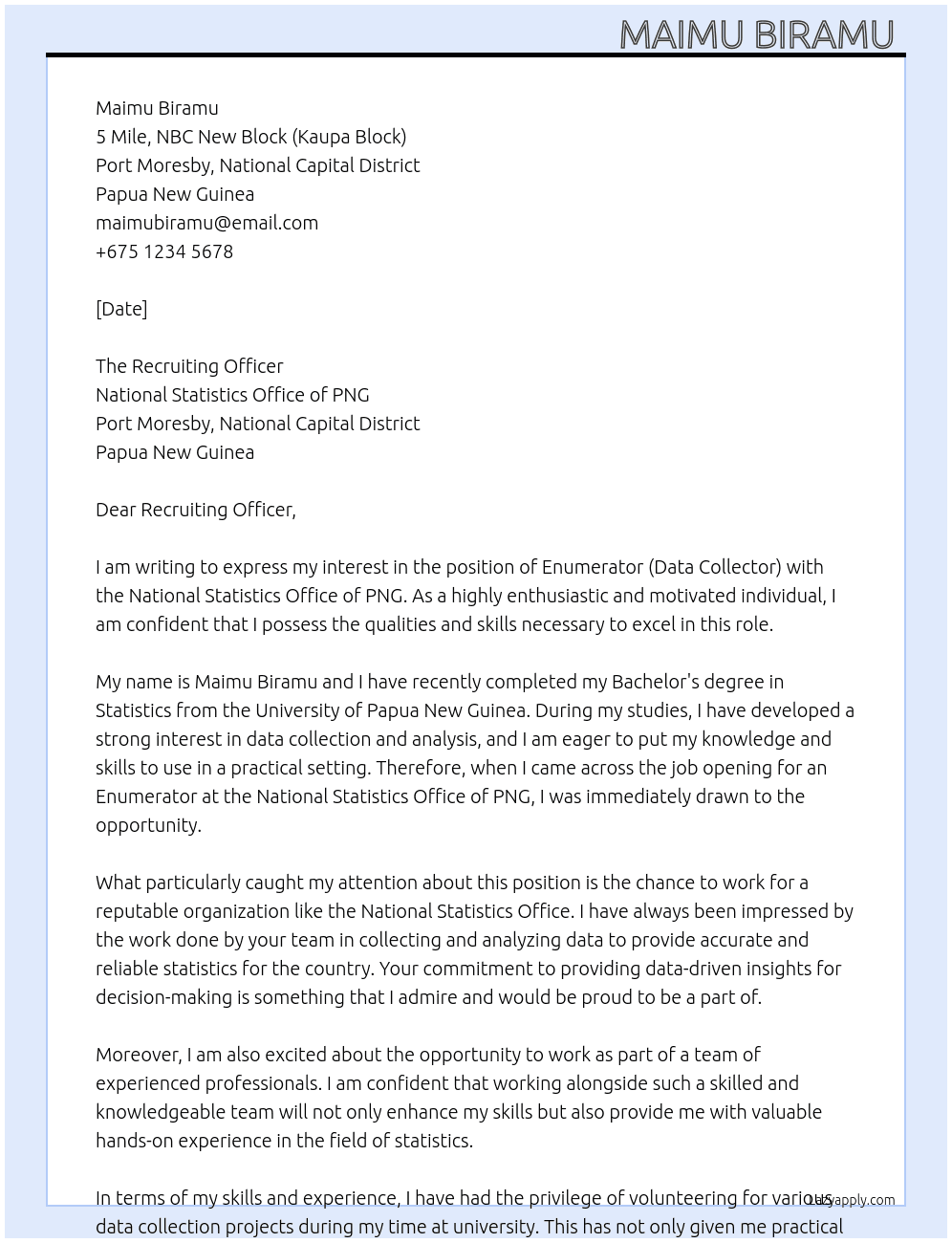 Enumerator (data collector) At National Statistics Office of PNG Cover Letter