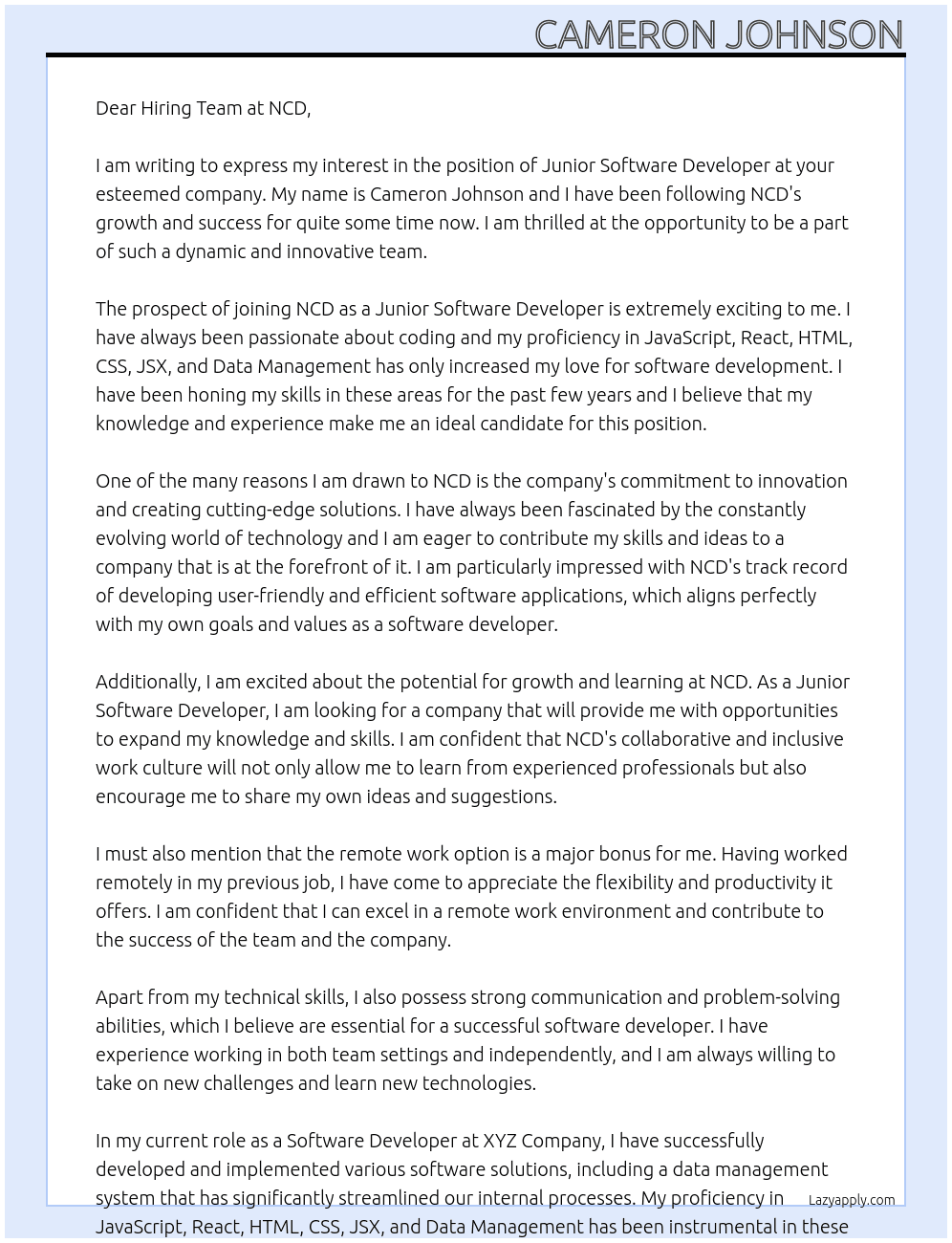 Junior Software Developer At NCD Cover Letter