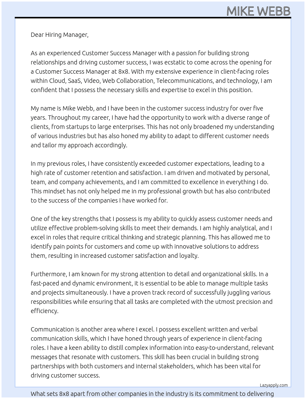 Customer Success Manager At 8x8 Cover Letter