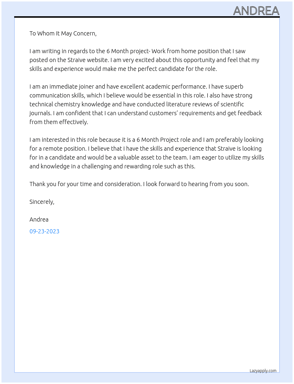 6 Month project- Work from home  At Straive Cover Letter