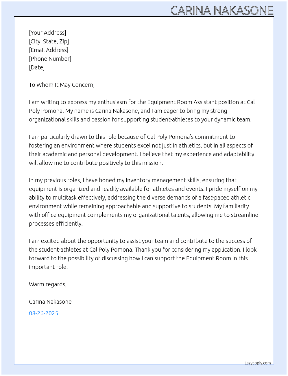 Equipment Room Assistant At Cal Poly Pomona Cover Letter