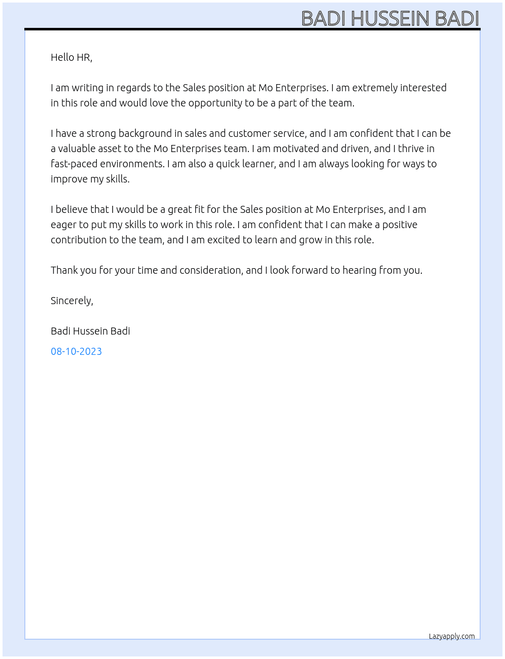 Sales At Mo Enterprises Cover Letter