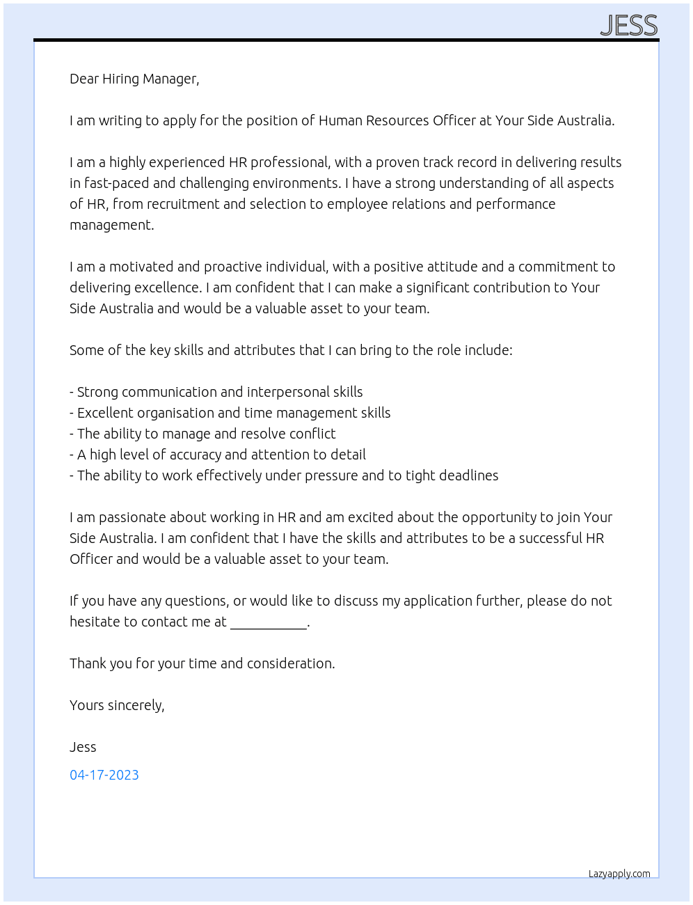 Human Resources Officer At Your Side Australia Cover Letter