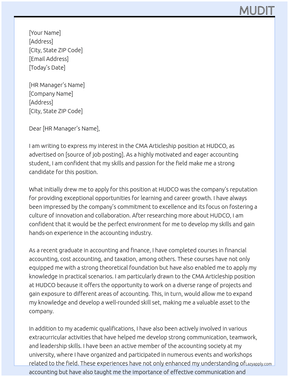 CMA Articleship At HUDCO Cover Letter