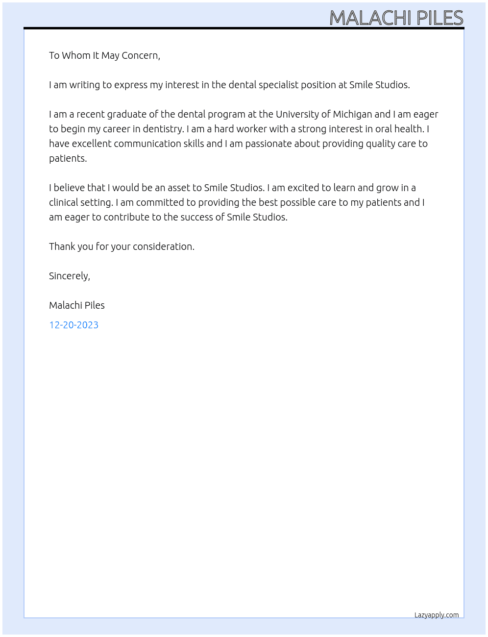 dental specilist  At smile studios Cover Letter