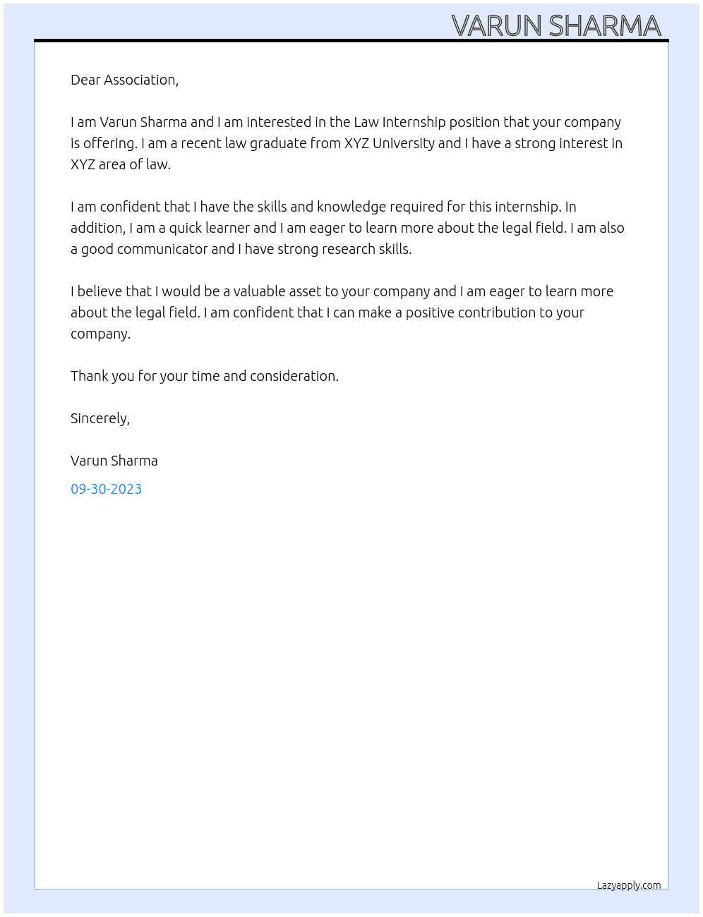 Law Internship  At Association  Cover Letter