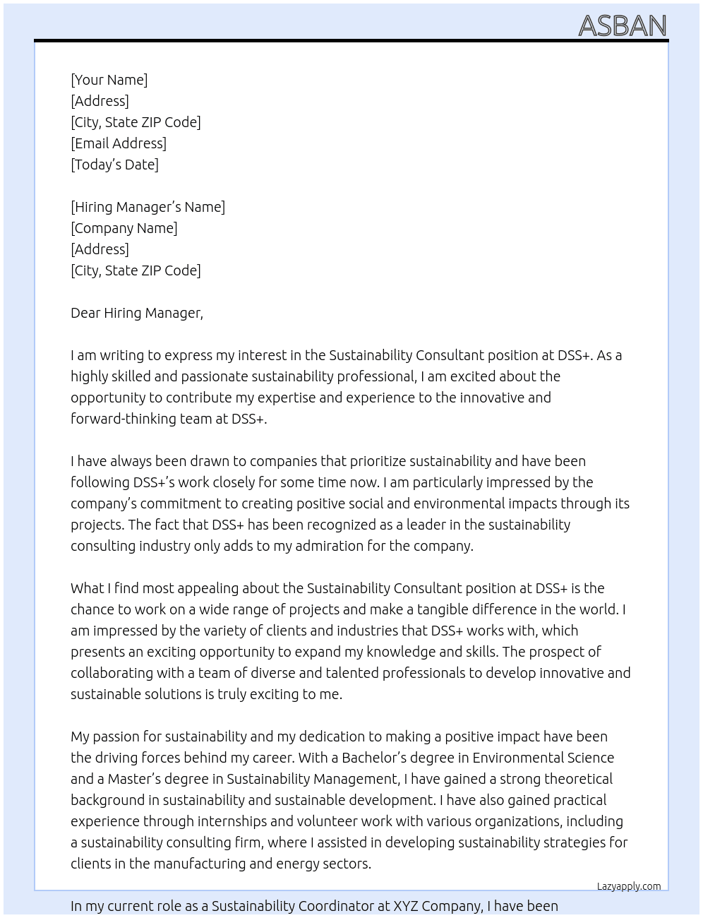 Sustainability Consultant At DSS+ Cover Letter