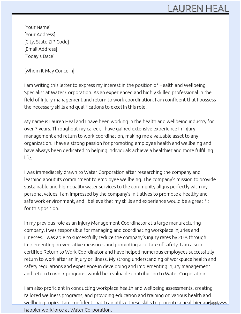 Health and Wellbeing Specialist At Water Corporation Cover Letter