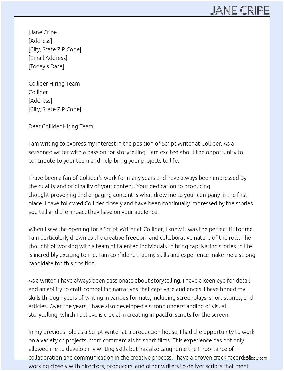 Script Writer At Collider Cover Letter