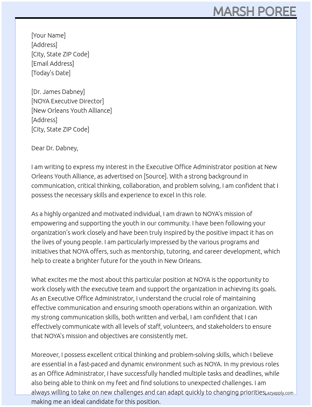 Executive Office Administrator At New Orleans Youth Alliance Cover Letter
