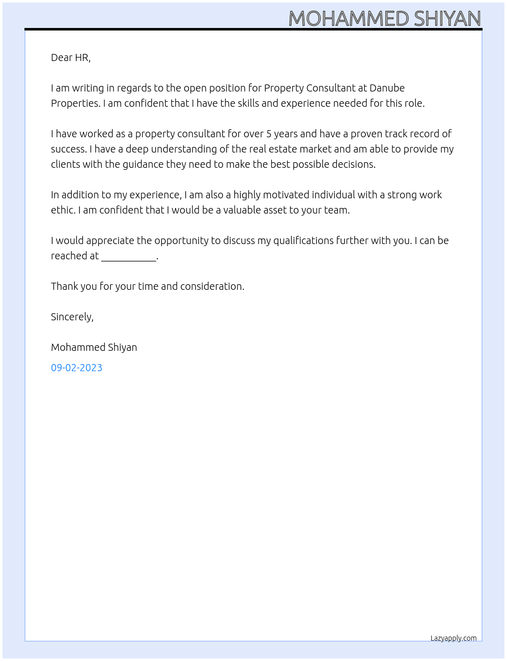 Property consultant  At Danube properties  Cover Letter