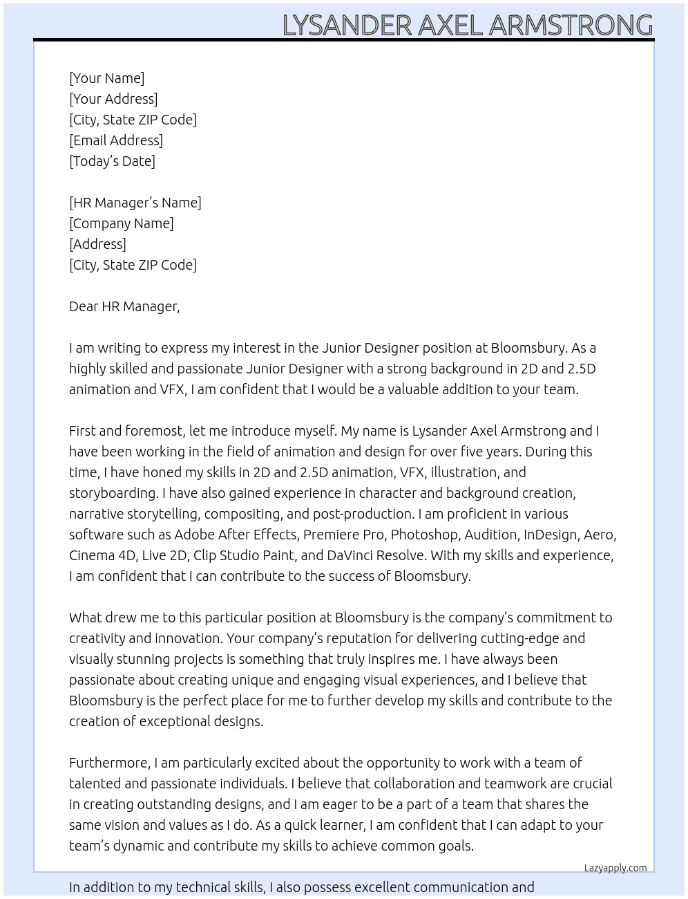 Junior Designer At Bloomsbury Cover Letter