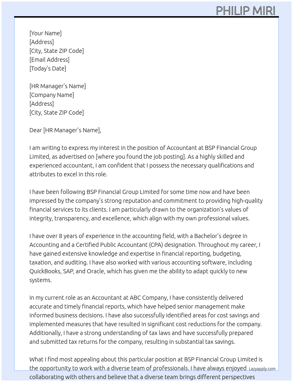 Accountant  At BSP FINANCIAL GROUP LIMITED  Cover Letter