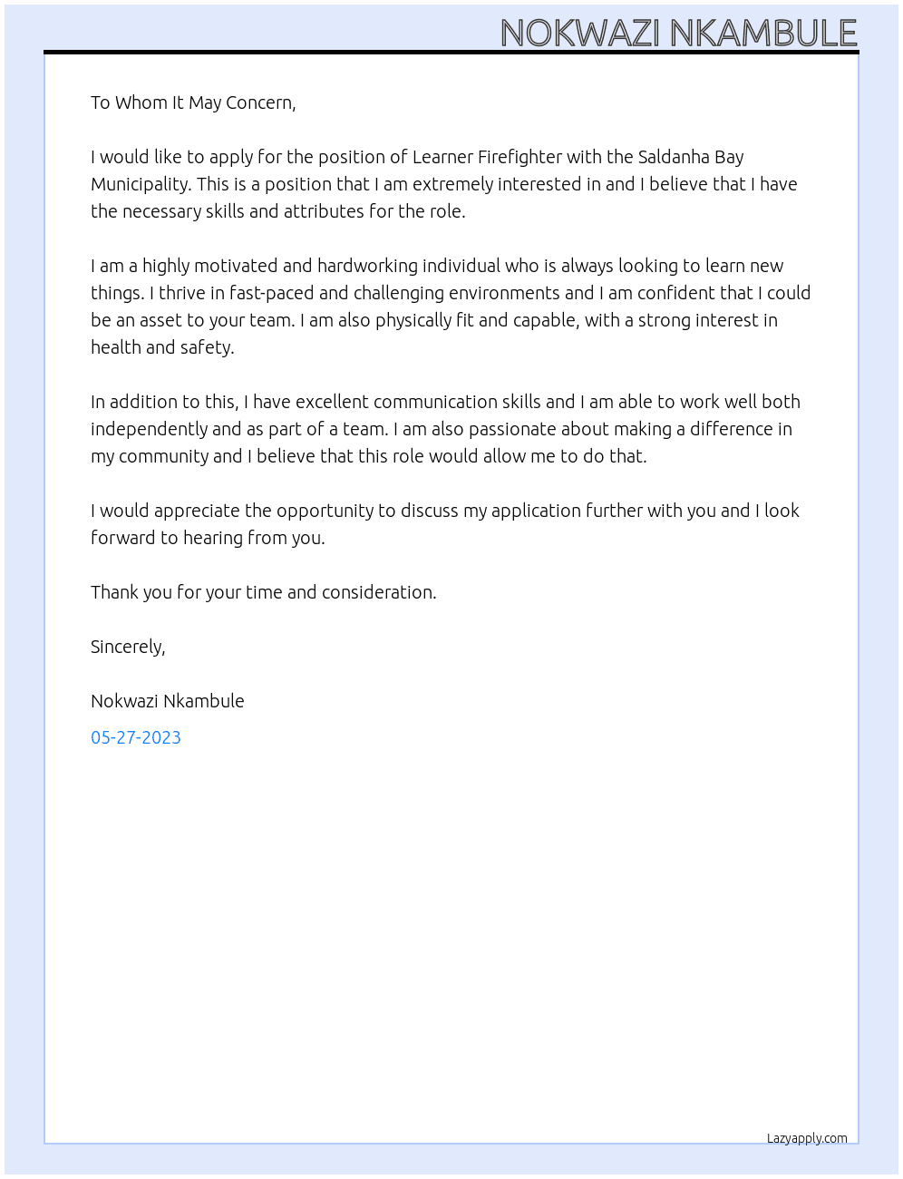 LEARNER FIREFIGHTER At Saldanha Bay Municipality Cover Letter
