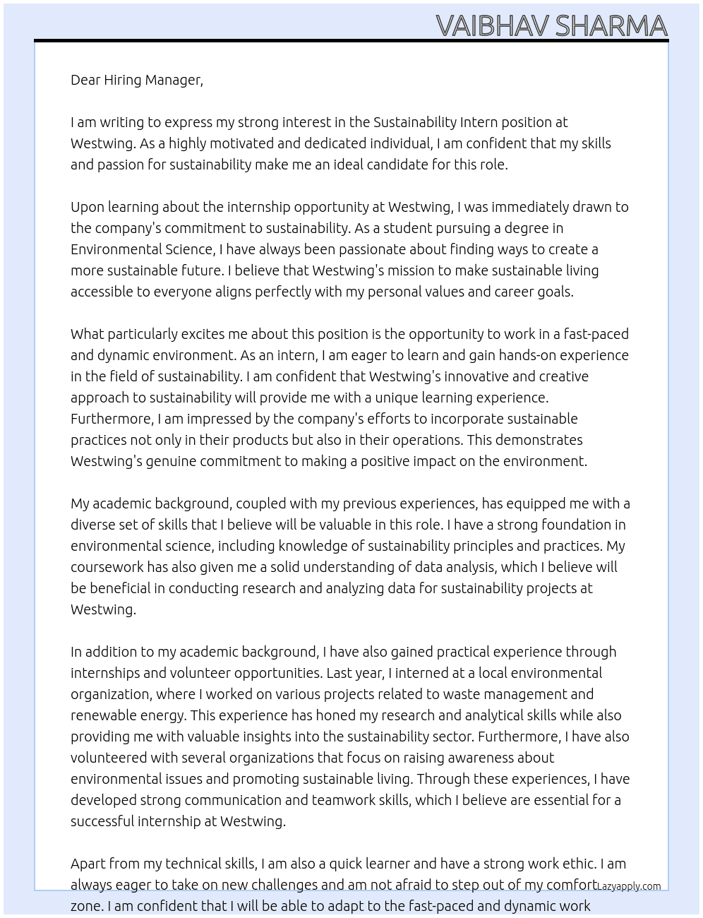 Sustainability intern At Westwing Cover Letter
