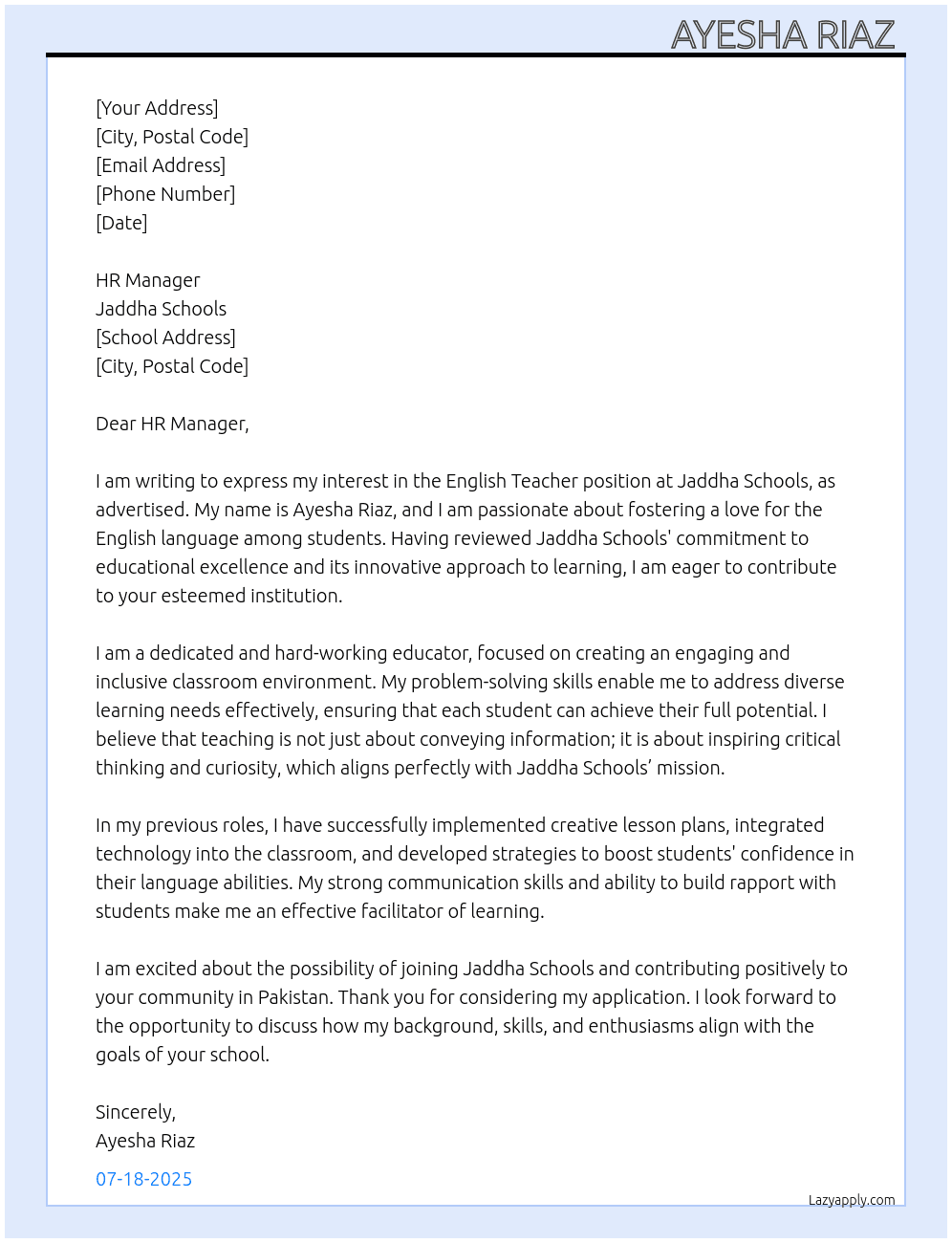 As English teacher  At Jaddha schools  Cover Letter