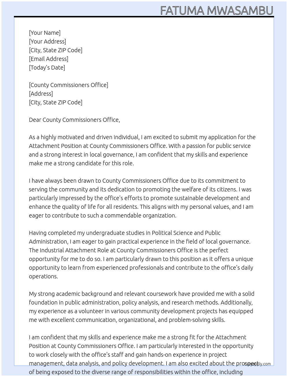 Attachment position  At County commissioners office  Cover Letter