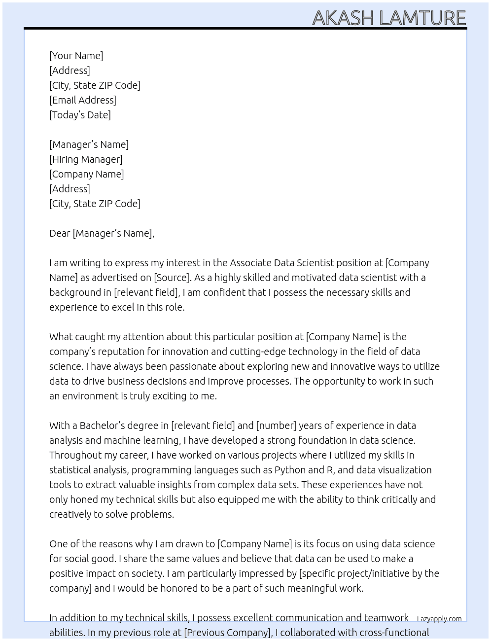 Associate Data Scientist At Associate Data Scientist Cover Letter