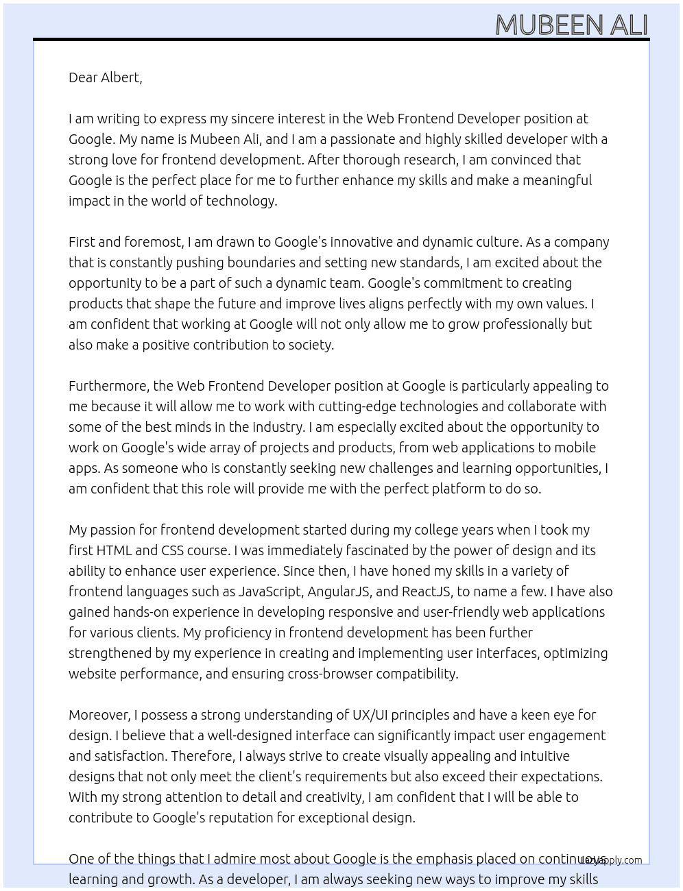 Web Frontend Developer At google Cover Letter
