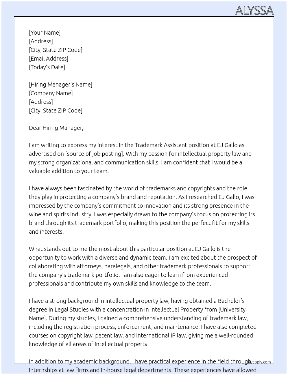 Trademark Assistant At EJ gallo Cover Letter