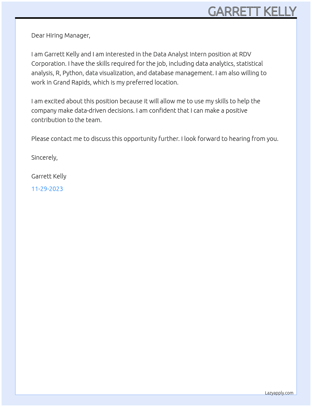 Data Analyst Intern At RDV Corporation Cover Letter