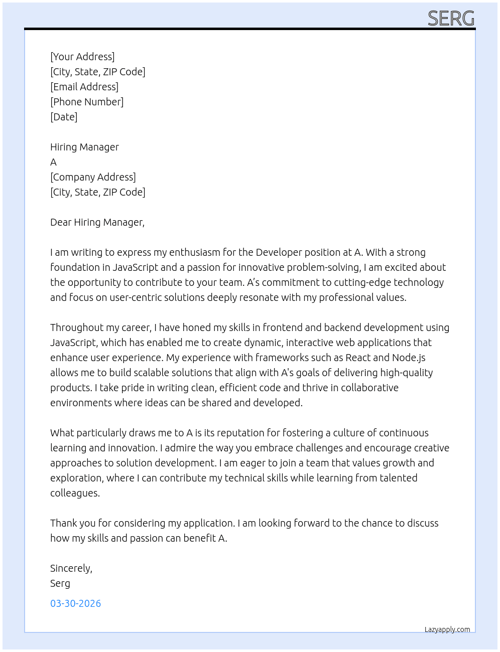Cover letter for developer - LazyApply