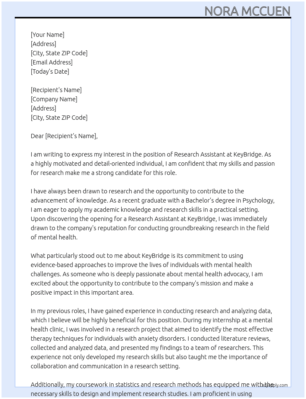 research assistant  At KeyBridge  Cover Letter
