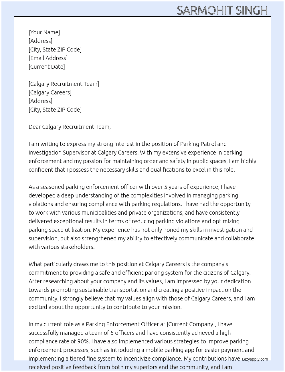 Parking Patrol and Investigation Supervisor At Calgary careers  Cover Letter