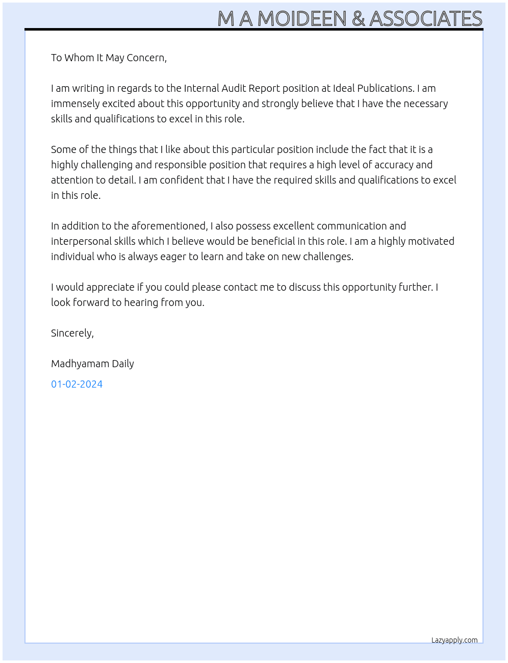 Internal Audit Report At Ideal Publications Cover Letter