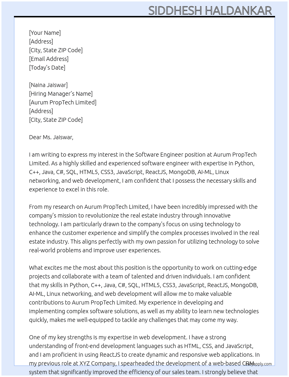 Software Engineer At Aurum PropTech Limited Cover Letter