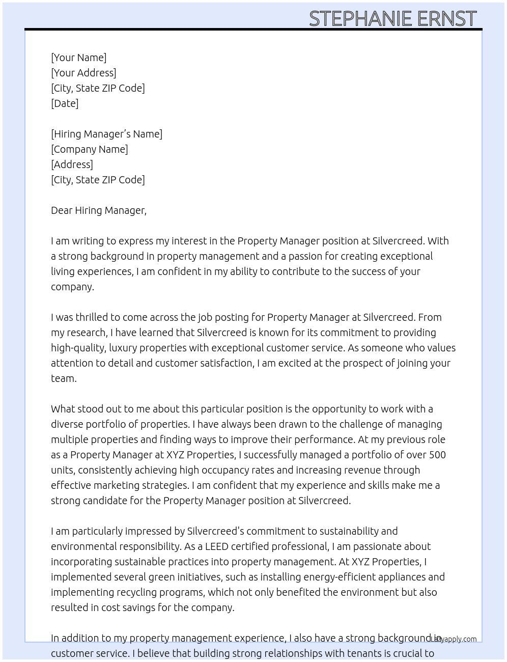 Property Manager  At Silvercreed Cover Letter